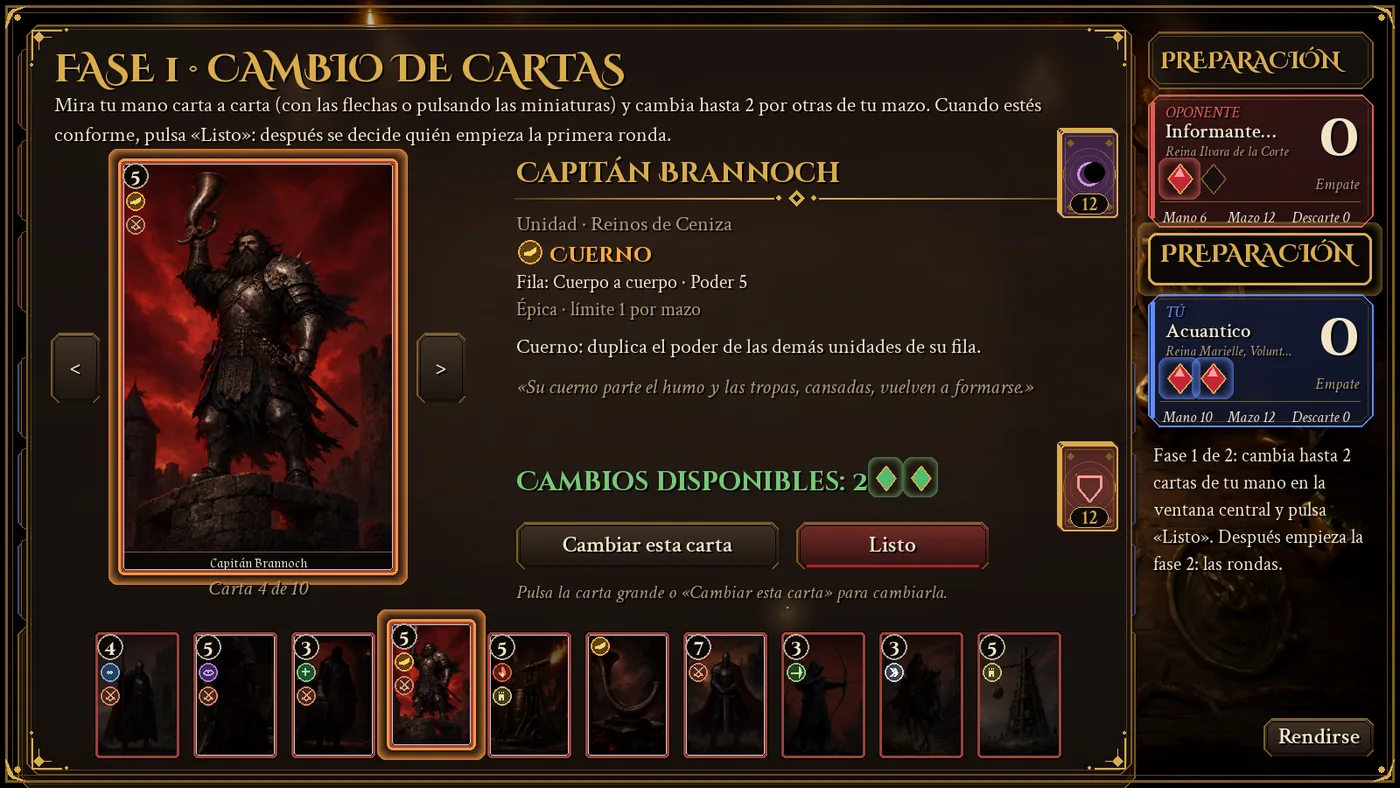 Ventana de cambio de cartas antes de empezar la partida: la mano del jugador en grande, carta a carta, con las flechas, el detalle de la carta y la tira de miniaturas.