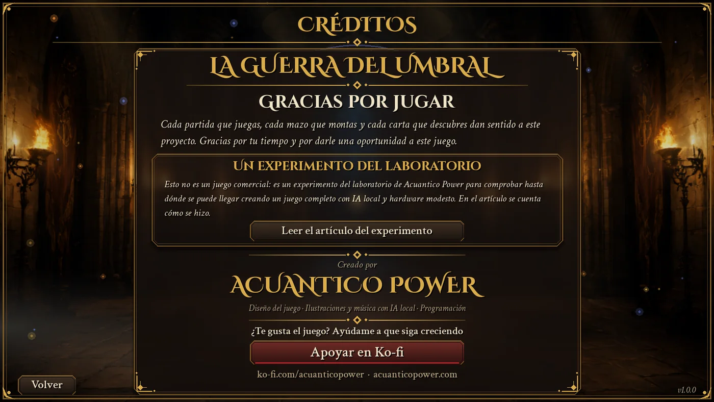 Pantalla de créditos: «Gracias por jugar», creado por Acuantico Power y botón para apoyar en Ko-fi.