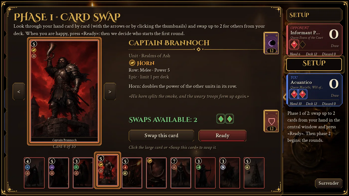 Card swap window before the match: the player's hand shown large, card by card, with arrows, the card details and the thumbnail strip.