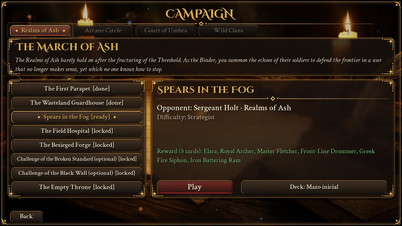Campaign screen: the four factions on top, the list of eight encounters of the Realms of Ash campaign and the encounter details with the opponent and the reward.