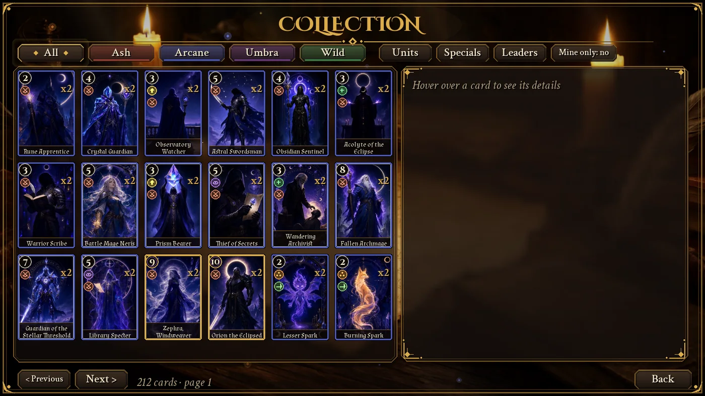 Collection screen: grid of Arcane Circle cards with their power, effect and row badges and the number of copies.