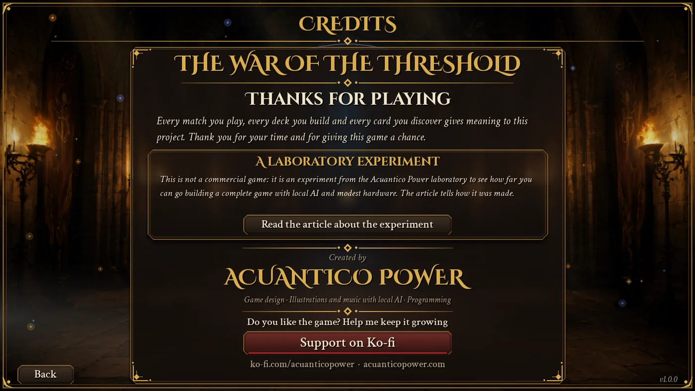 Credits screen: Thanks for playing, created by Acuantico Power, a note that this is a laboratory experiment and a button to support on Ko-fi.