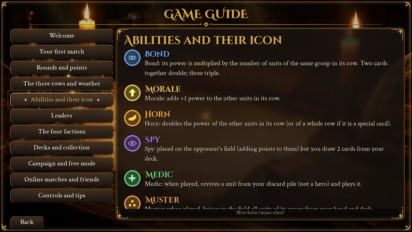 Game guide, abilities section: each round badge (bond, morale, horn, spy, medic, muster) with its explanation.
