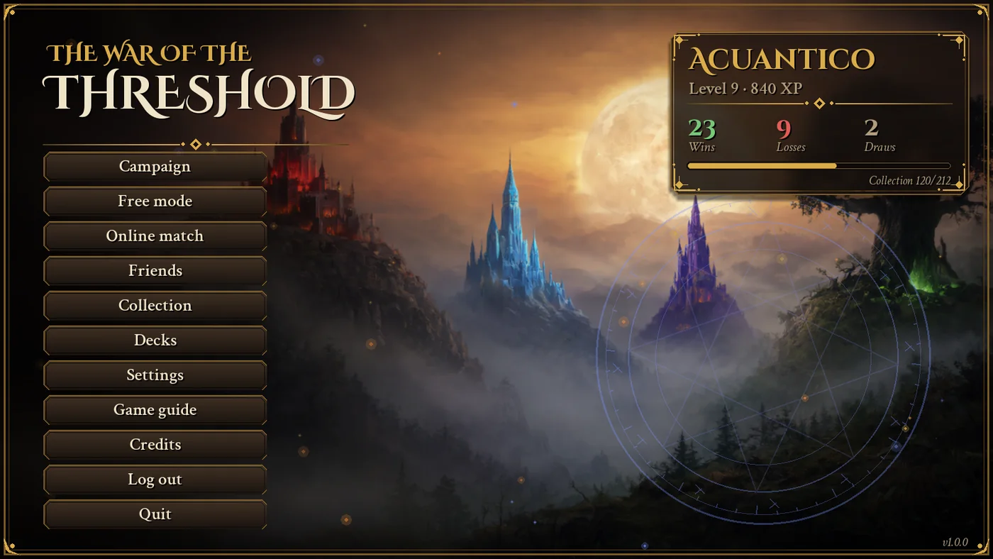 Main menu of The War of the Threshold over a foggy valley with a huge moon: in the distance a red citadel, a blue crystal spire, a violet tower and a giant tree; the buttons on the left and the player card on the top right.