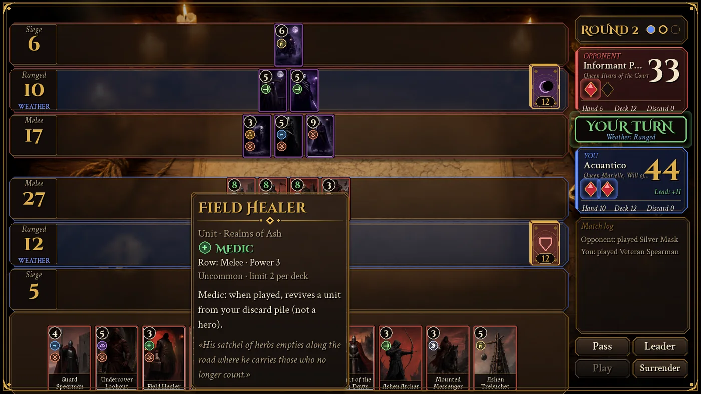 A match of The War of the Threshold: three rows per side with unit cards, the player's hand at the bottom, the scoreboard on the right with the opponent in red and the player in blue, and the floating sheet of the Field Healer card while hovering over it.