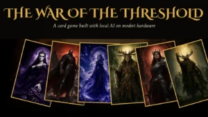 The War of the Threshold: a fan of six illustrated cards from the four factions (a masked queen, an armored warrior, a crystal mage, two antlered figures and a warrior queen) under the game title.