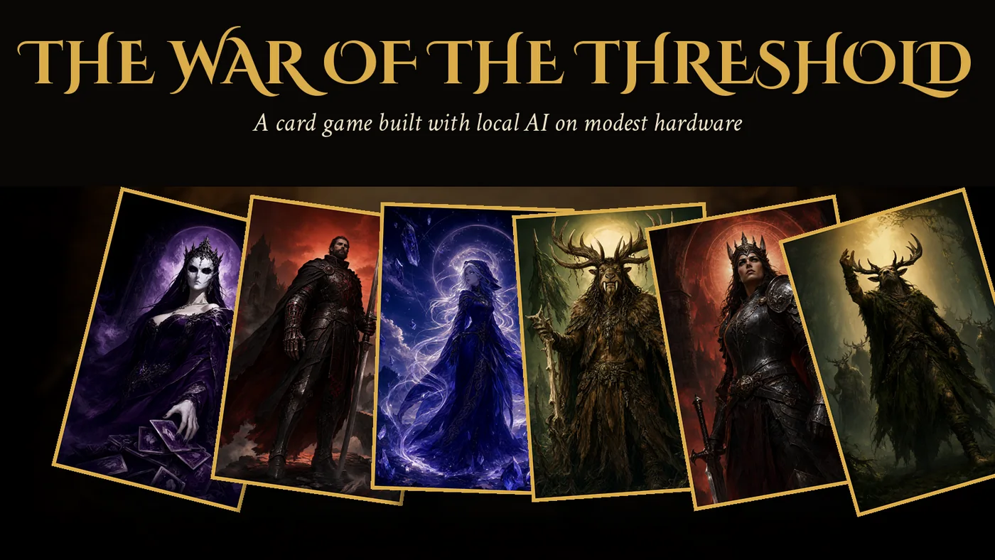 The War of the Threshold: a fan of six illustrated cards from the four factions (a masked queen, an armored warrior, a crystal mage, two antlered figures and a warrior queen) under the game title.