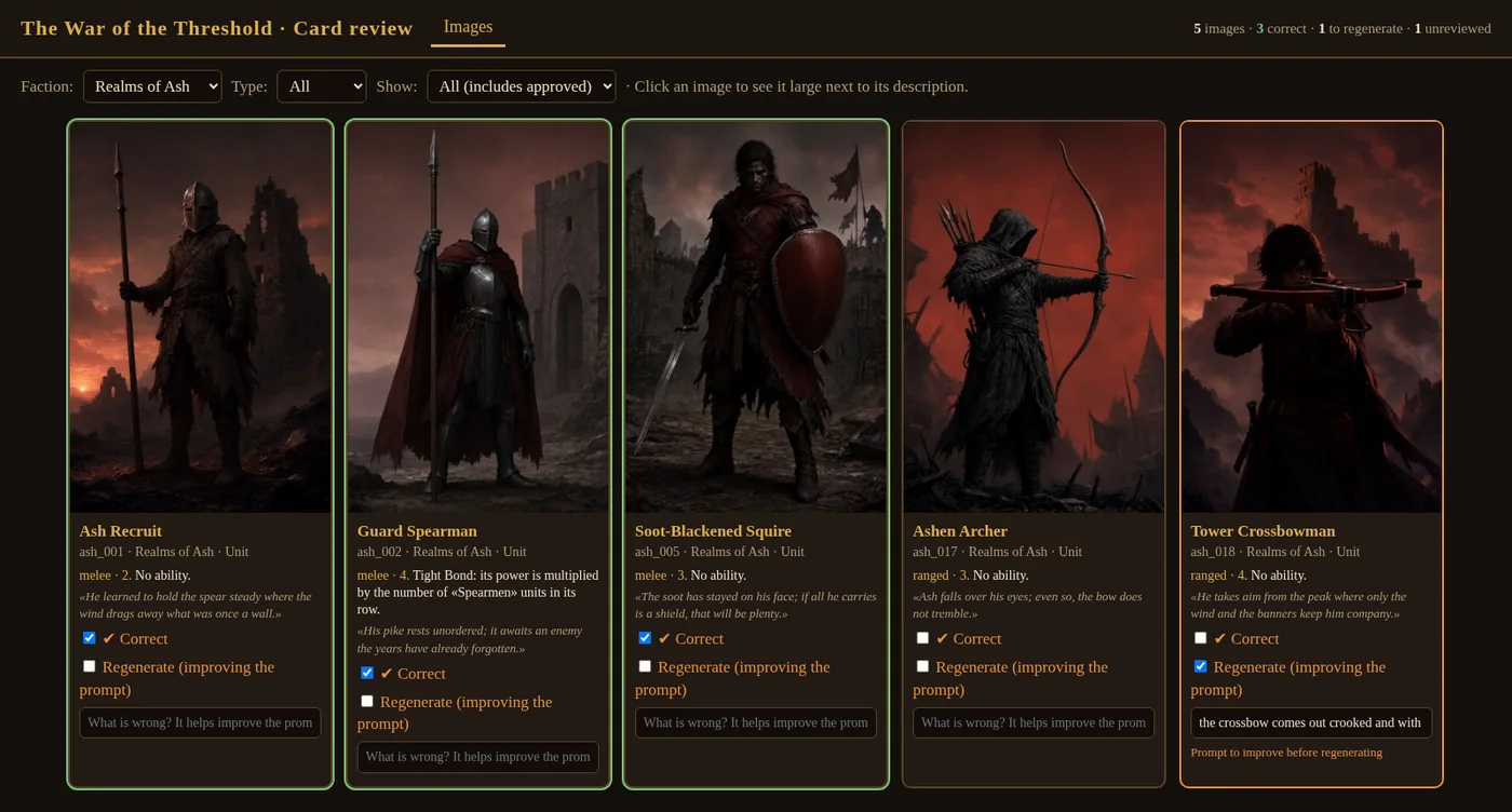 Image review web page with five Realms of Ash cards: three marked as correct, one unreviewed and the Tower Crossbowman marked to regenerate with the note "the crossbow comes out crooked and with two bows".