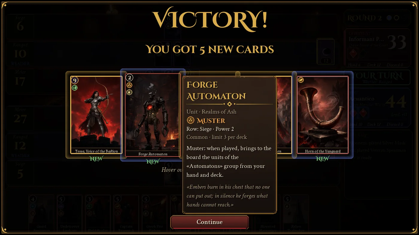 Victory screen with the reward's new cards laid out, the NEW label under each one and the sheet of the hovered card.