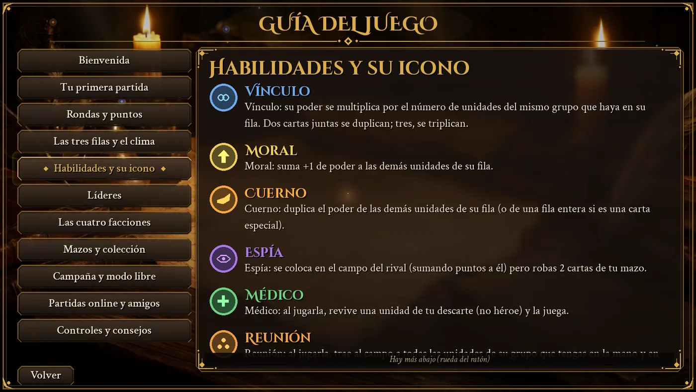 Guía del juego, apartado de habilidades: cada insignia redonda (vínculo, moral, cuerno, espía, médico, reunión) con su explicación.