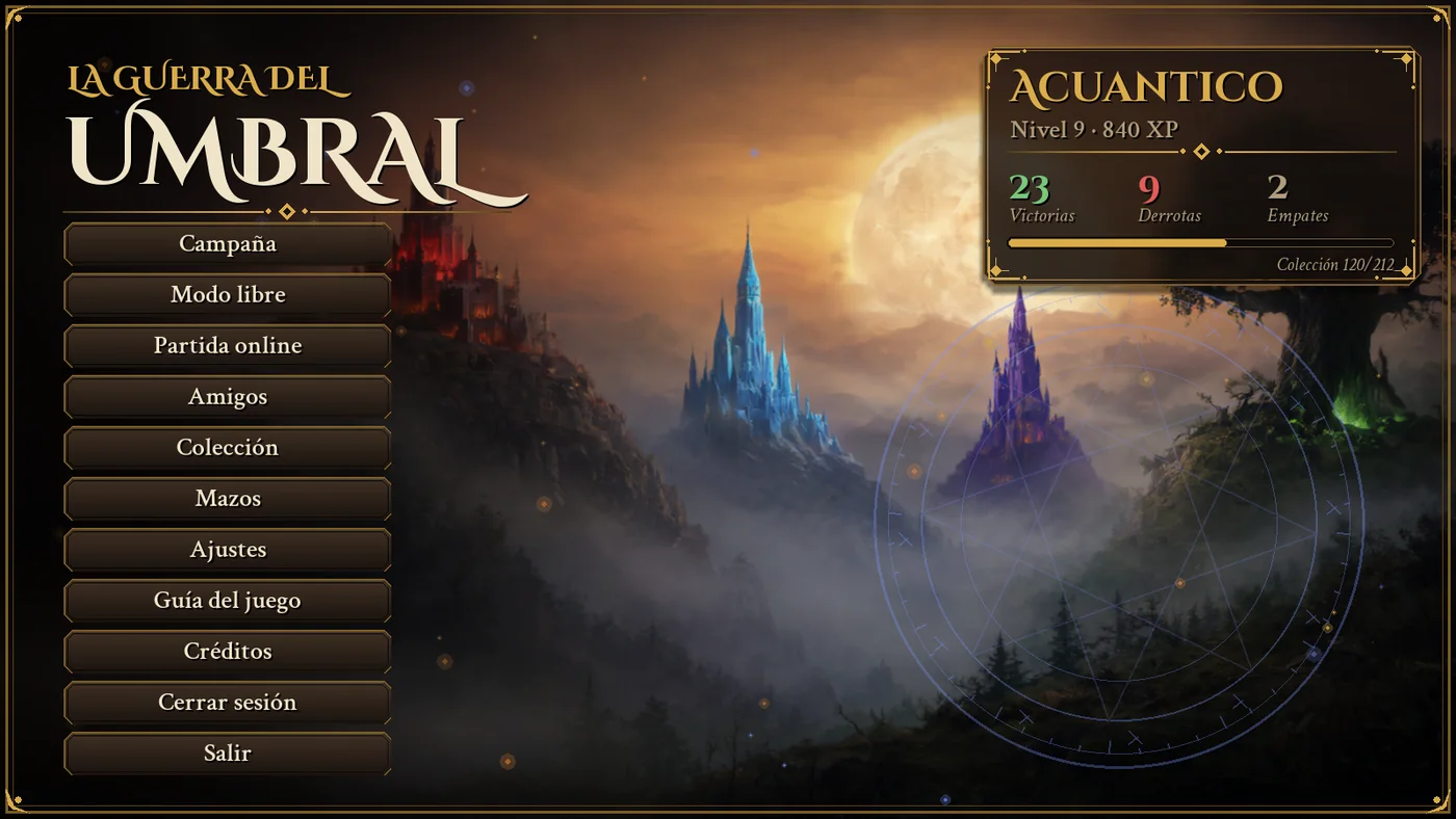 Menú principal de La Guerra del Umbral sobre un valle con niebla y una luna enorme: a lo lejos, una ciudadela roja, una aguja de cristal azul, una torre violeta y un árbol gigante; a la izquierda los botones y arriba a la derecha la ficha del jugador.