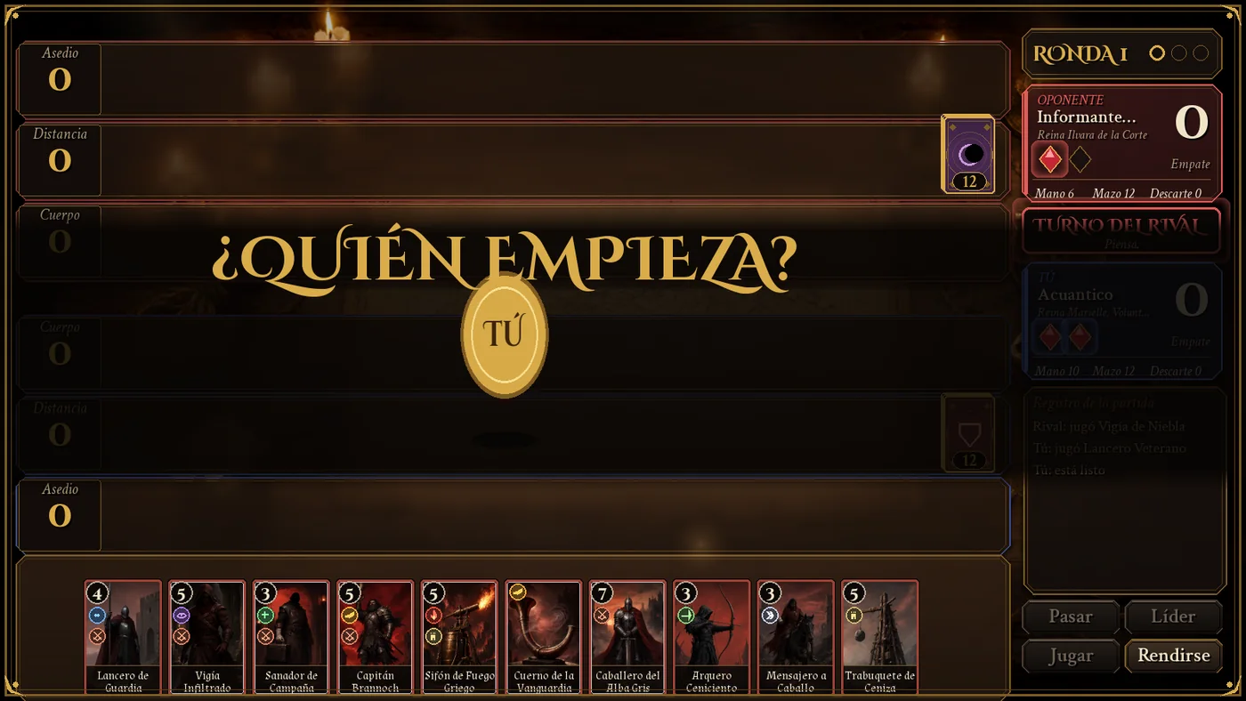 Una moneda dorada gira en el centro del tablero bajo el título «¿Quién empieza?» para decidir quién juega primero.