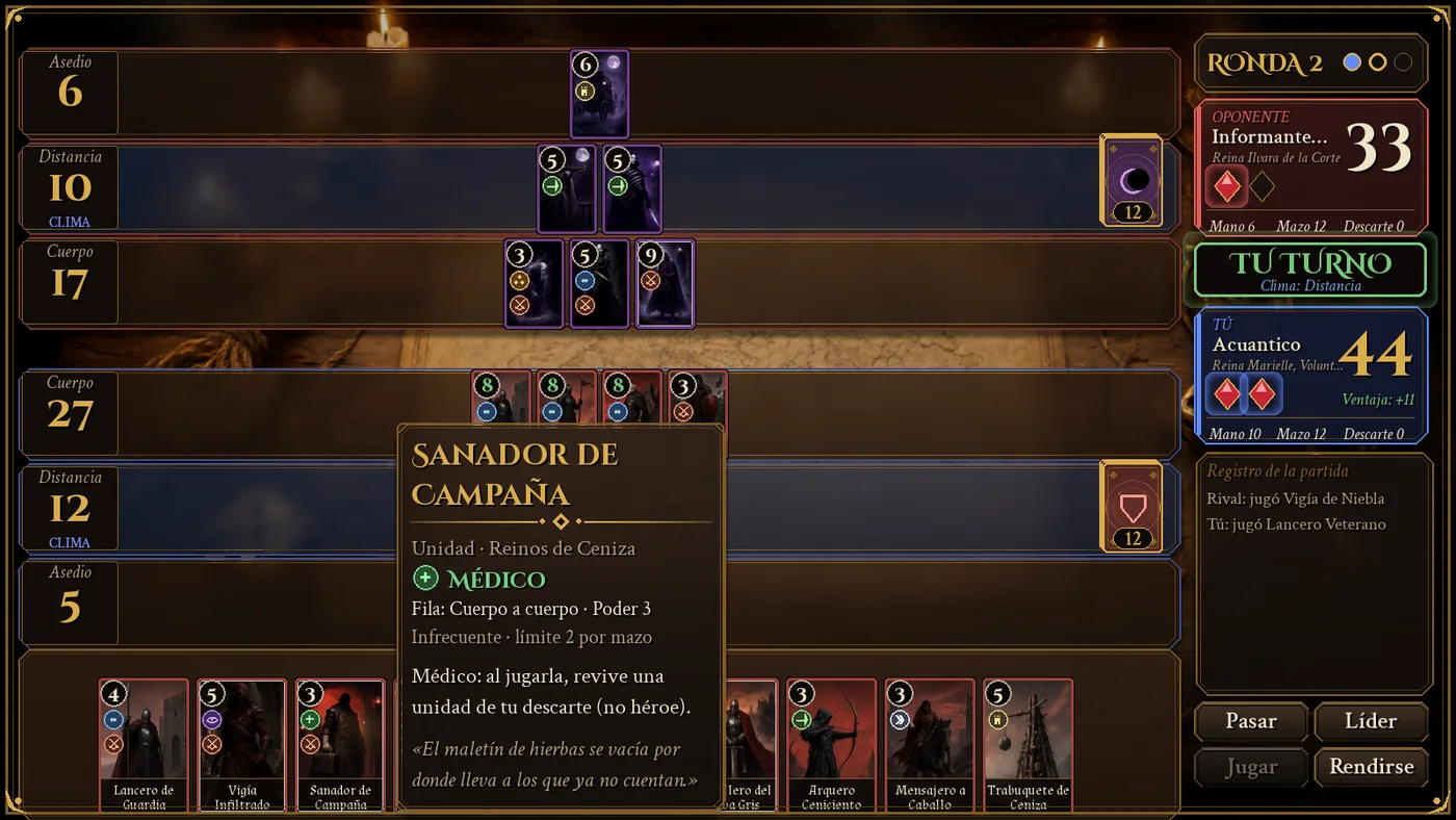 Pantalla de una partida de La Guerra del Umbral: tres filas por bando con cartas de unidades, la mano del jugador abajo, el marcador a la derecha con el rival en rojo y el jugador en azul, y la ficha flotante de la carta Sanador de Campaña al pasar el ratón por ella.