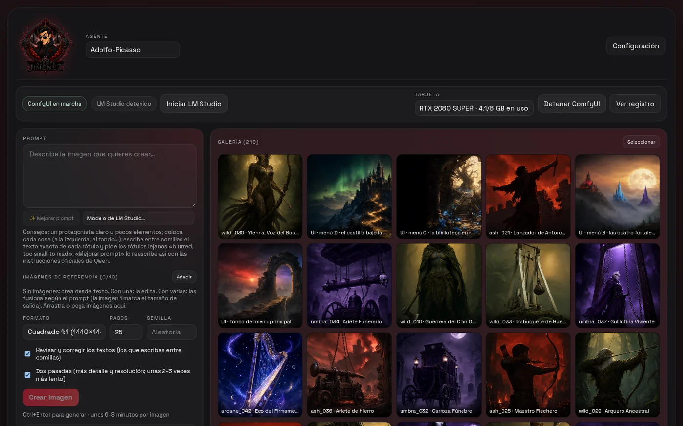 Adolfo-Picasso interface in Agente Jiménez: the ComfyUI and RTX 2080 Super status, the prompt box and the gallery with the card illustrations and backgrounds already generated.