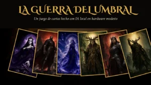 La Guerra del Umbral: abanico de seis cartas ilustradas de las cuatro facciones (una reina enmascarada, un guerrero con armadura, una maga de cristal, dos figuras con cornamenta de ciervo y una reina guerrera) bajo el título del juego.