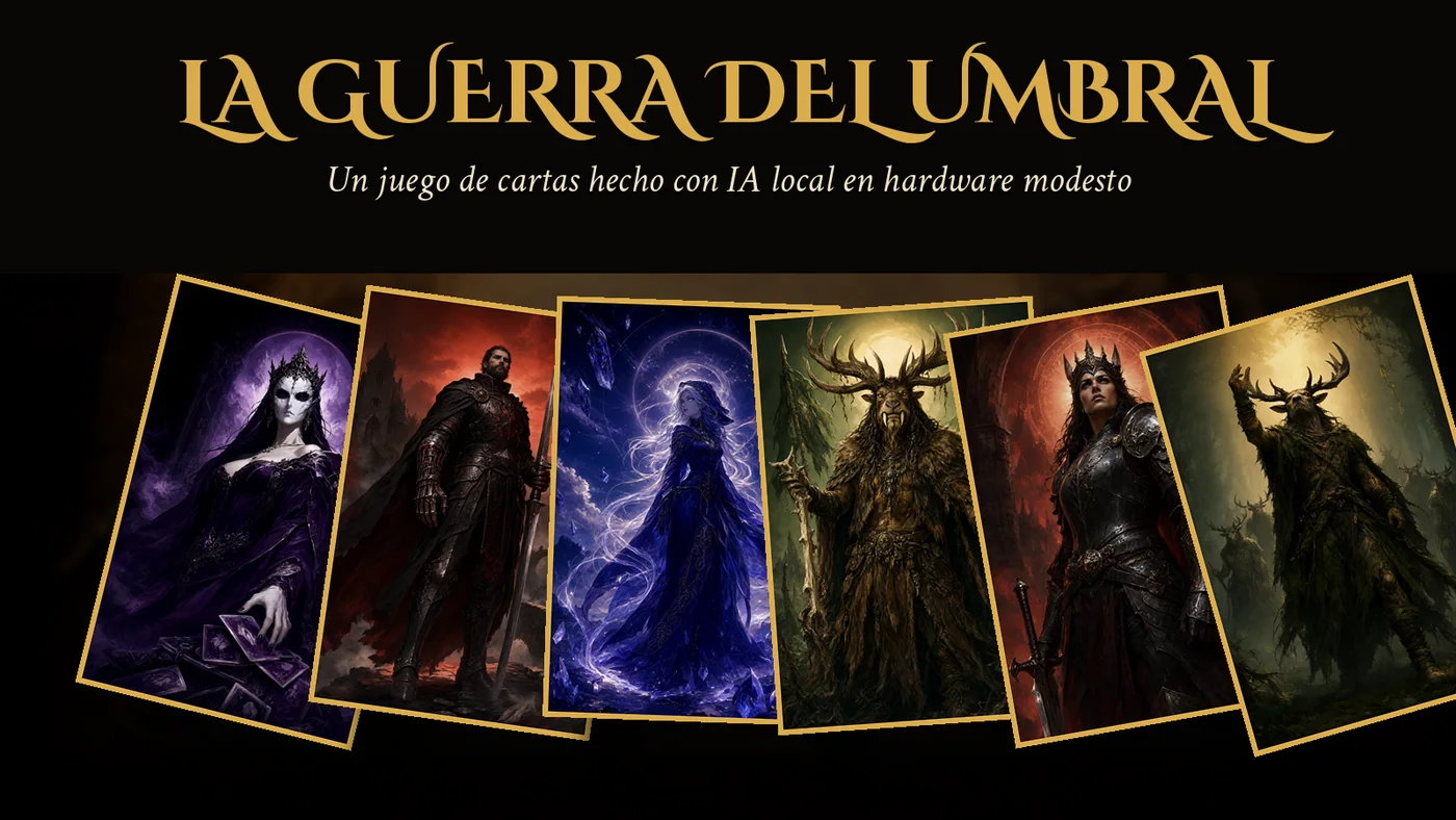 La Guerra del Umbral: abanico de seis cartas ilustradas de las cuatro facciones (una reina enmascarada, un guerrero con armadura, una maga de cristal, dos figuras con cornamenta de ciervo y una reina guerrera) bajo el título del juego.