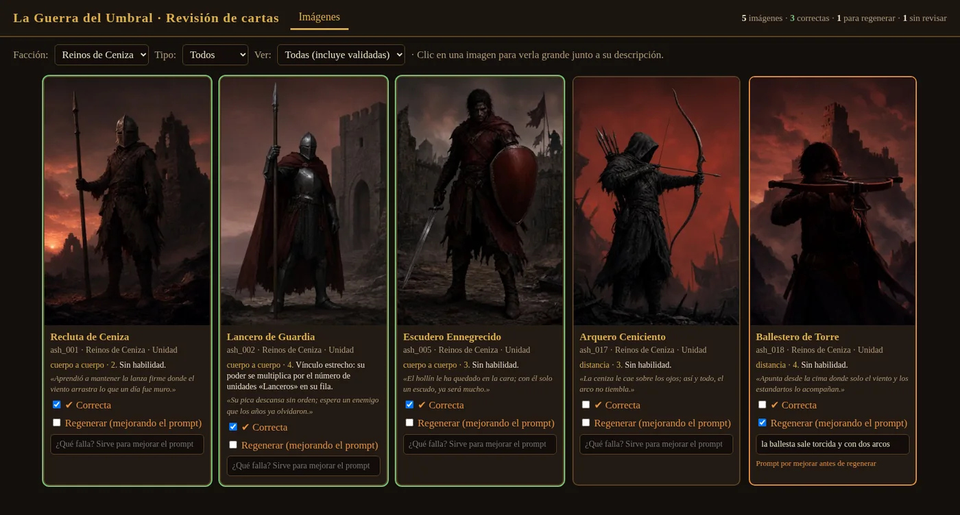 Web de revisión de imágenes con cinco cartas de los Reinos de Ceniza: tres marcadas como correctas, una sin revisar y el Ballestero de Torre marcado para regenerar con la nota «la ballesta sale torcida y con dos arcos».