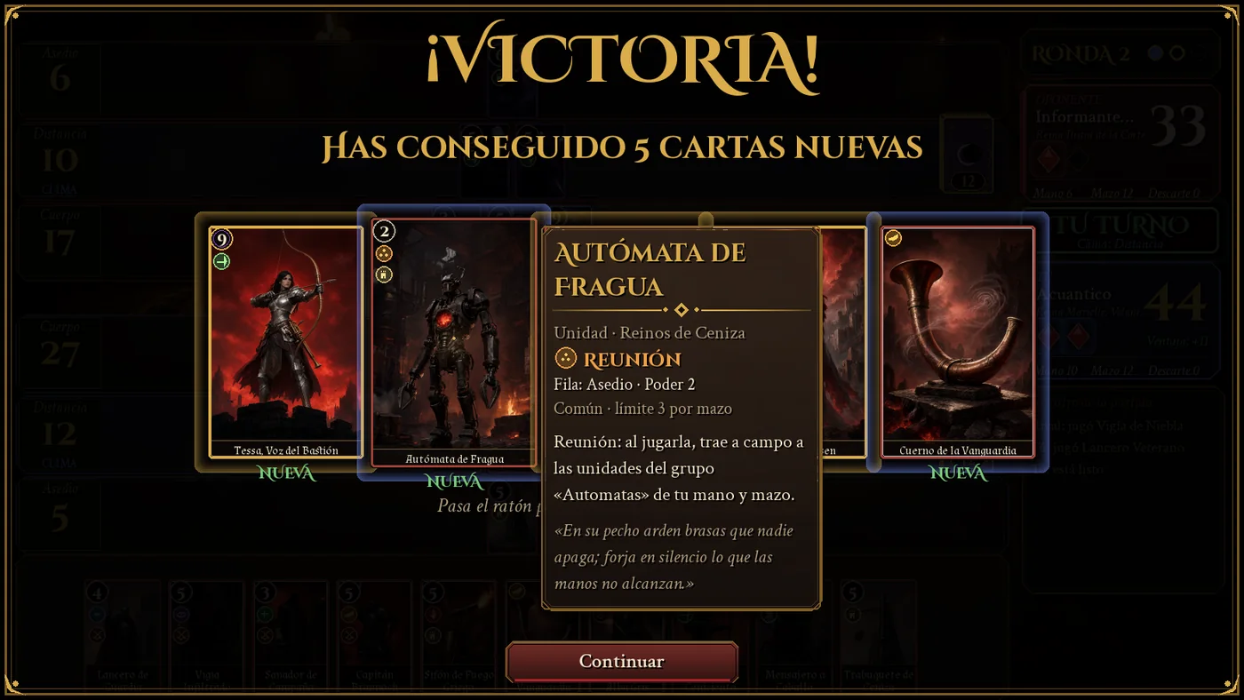 Pantalla de victoria con las cartas nuevas de la recompensa desplegadas, la etiqueta NUEVA bajo cada una y la ficha de la carta señalada.